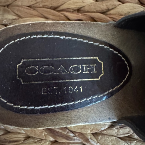 Coach Brown,Tan and Gold Patchwork Leather Wooden Heel Clogs - Picture 4 of 5